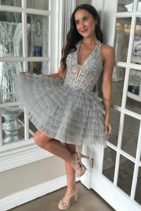 Cute V Neck Ruffle Grey Lace Prom Dress, Gray Lace Homecoming Dress, Short Grey Formal Graduation Evening Dress A2175