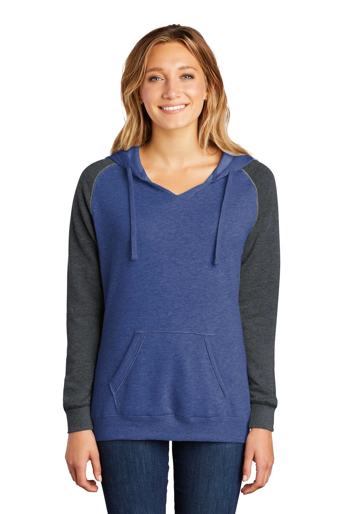 District Ladies Juniors Lightweight Fleece Raglan Hoodies, Heathered Deep Royal/ Heathered Charcoal