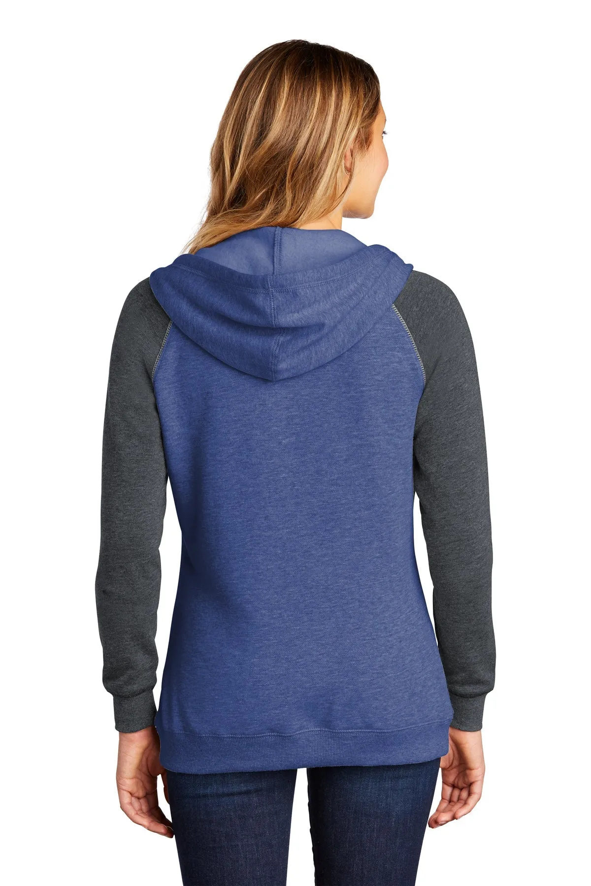 District Ladies Juniors Lightweight Fleece Raglan Hoodies, Heathered Deep Royal/ Heathered Charcoal