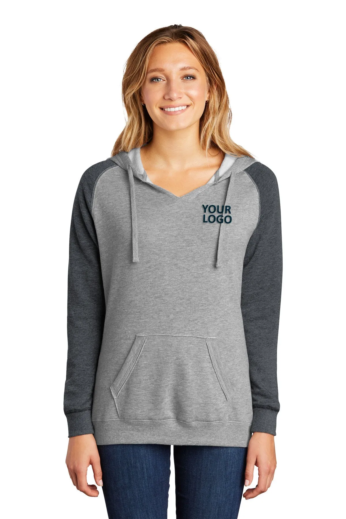 District Ladies Juniors Lightweight Fleece Raglan Hoodies, Heathered Grey/ Heathered Charcoal