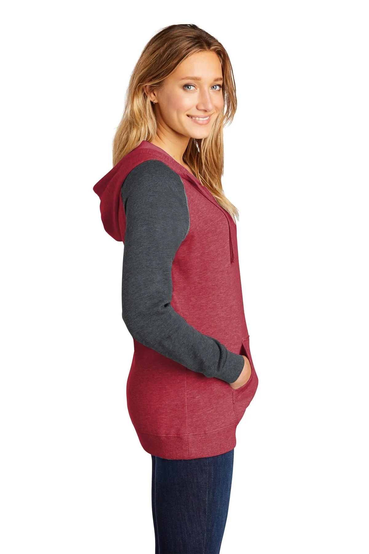 District Ladies Juniors Lightweight Fleece Raglan Hoodies, Heathered Red/ Heathered Charcoal