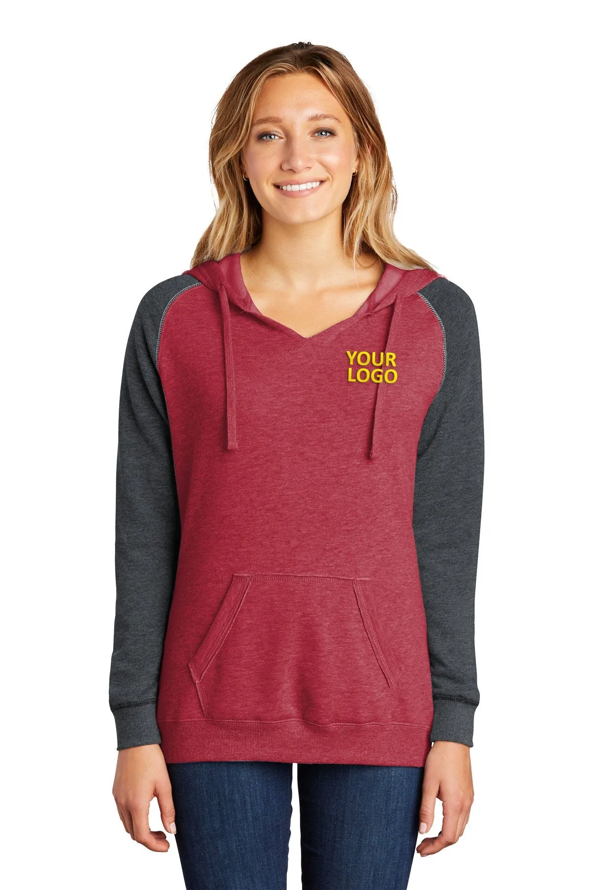 District Ladies Juniors Lightweight Fleece Raglan Hoodies, Heathered Red/ Heathered Charcoal