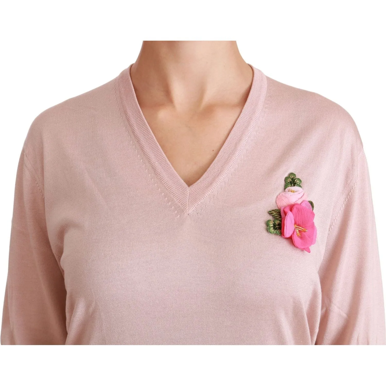 Dolce & Gabbana Pink Floral Silk V-Neck Sweater