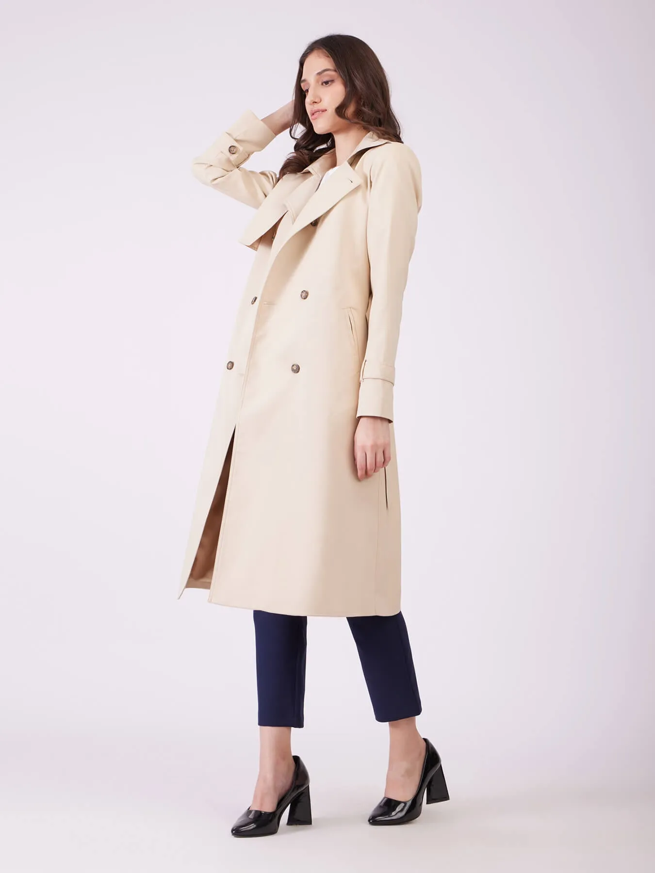 Double Breasted Belted Trench Coat - Beige