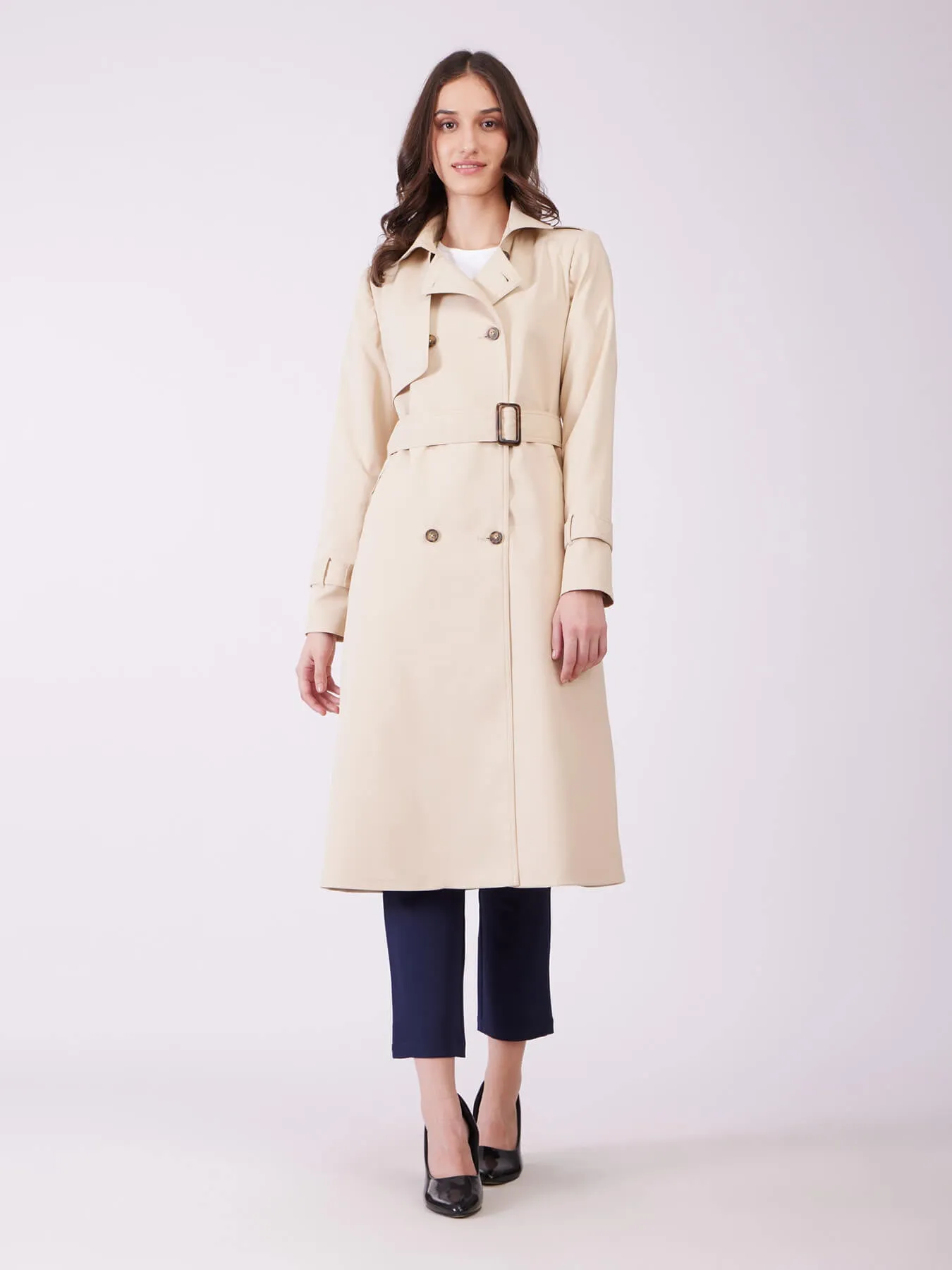 Double Breasted Belted Trench Coat - Beige