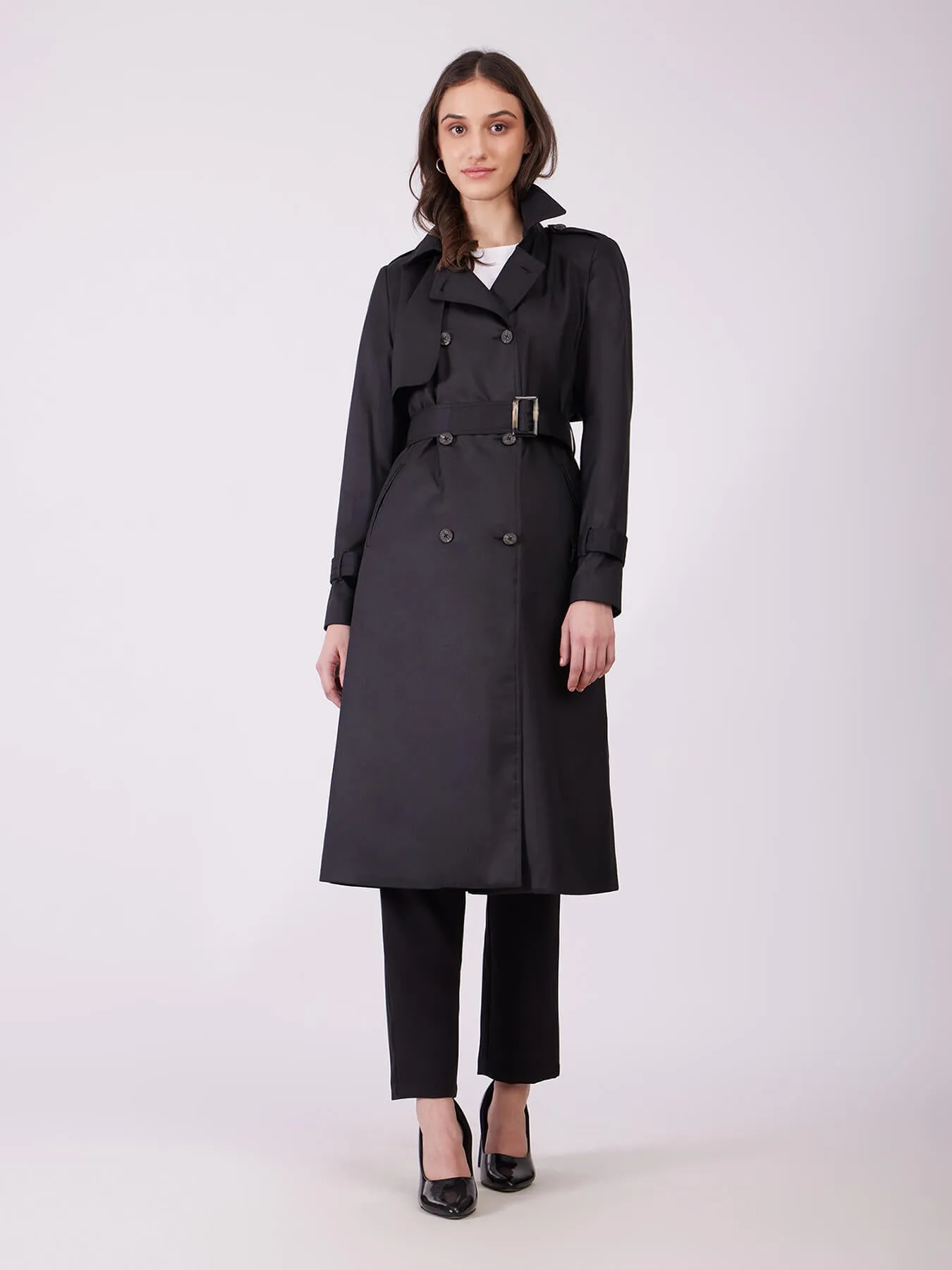 Double Breasted Belted Trench Coat - Black