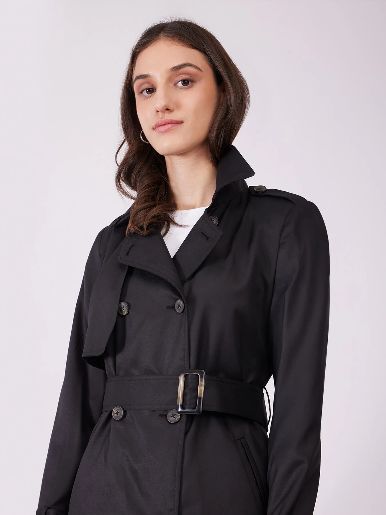 Double Breasted Belted Trench Coat - Black