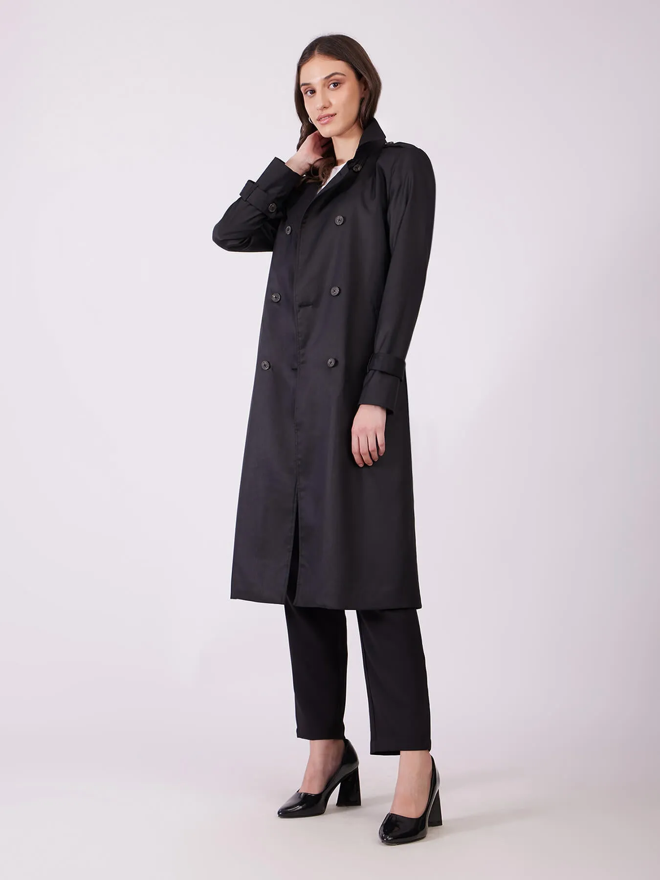 Double Breasted Belted Trench Coat - Black