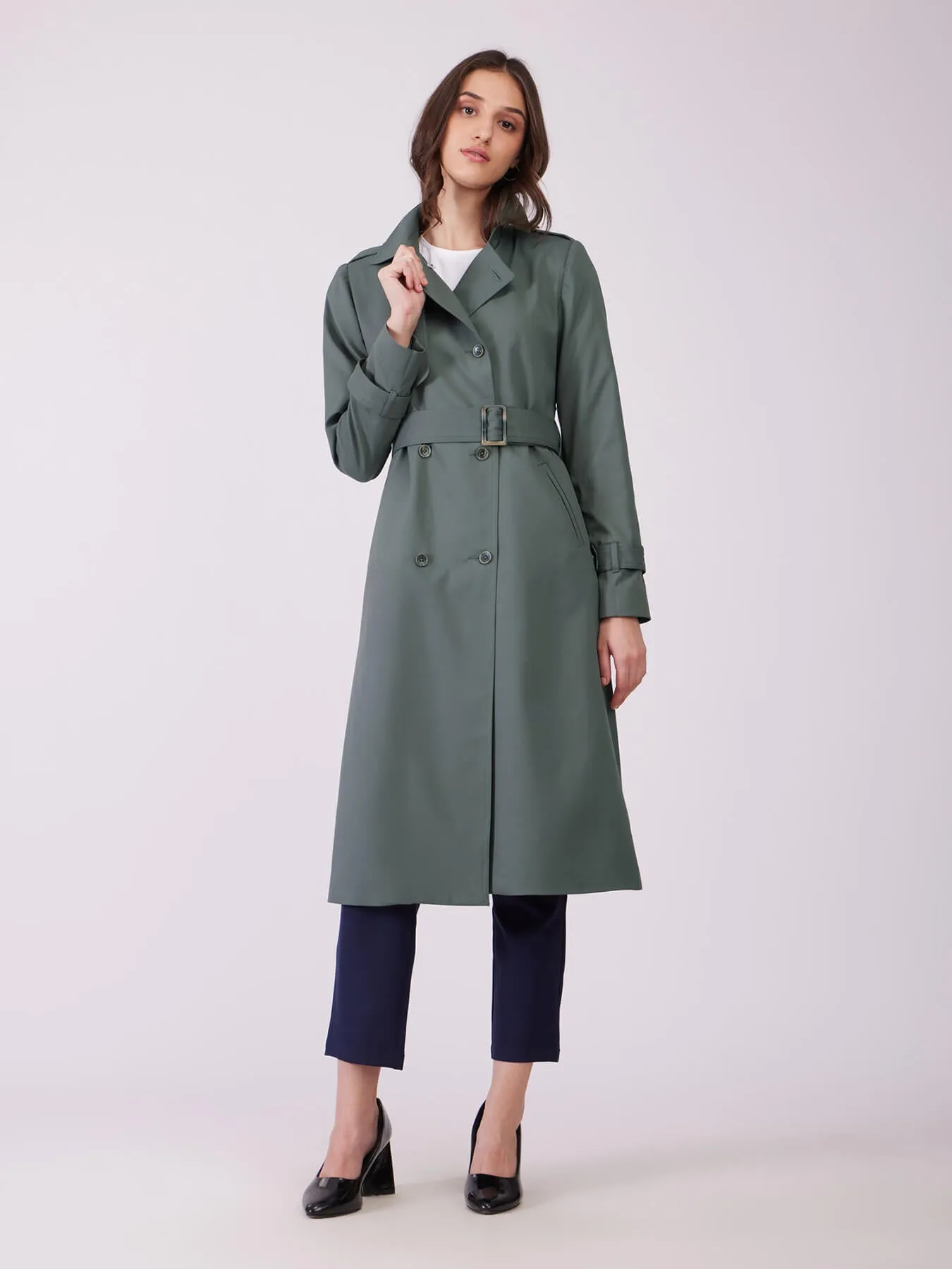 Double Breasted Belted Trench Coat - Khaki