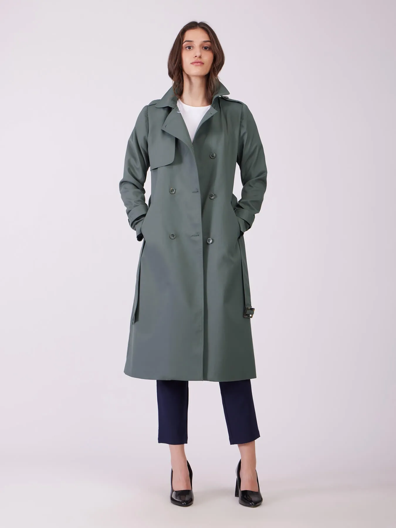 Double Breasted Belted Trench Coat - Khaki