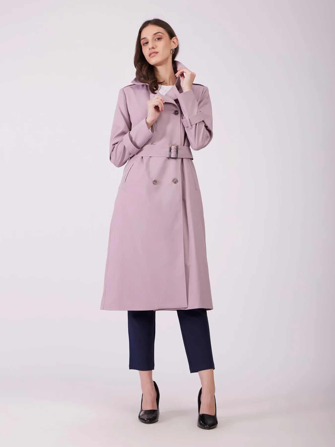 Double Breasted Belted Trench Coat - Lilac