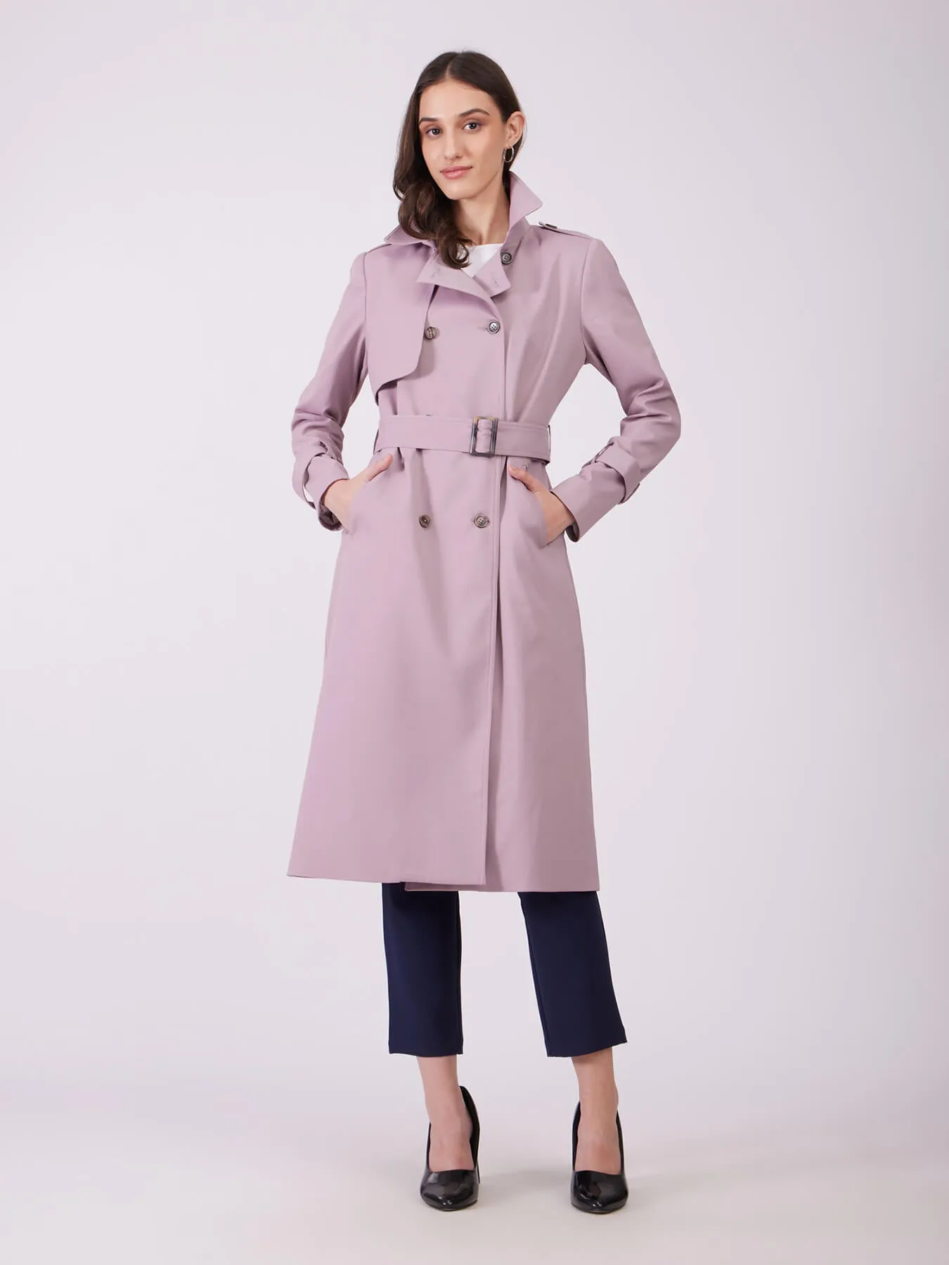 Double Breasted Belted Trench Coat - Lilac