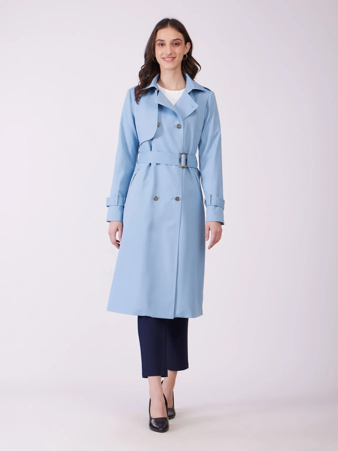 Double Breasted Belted Trench Coat - Sky Blue