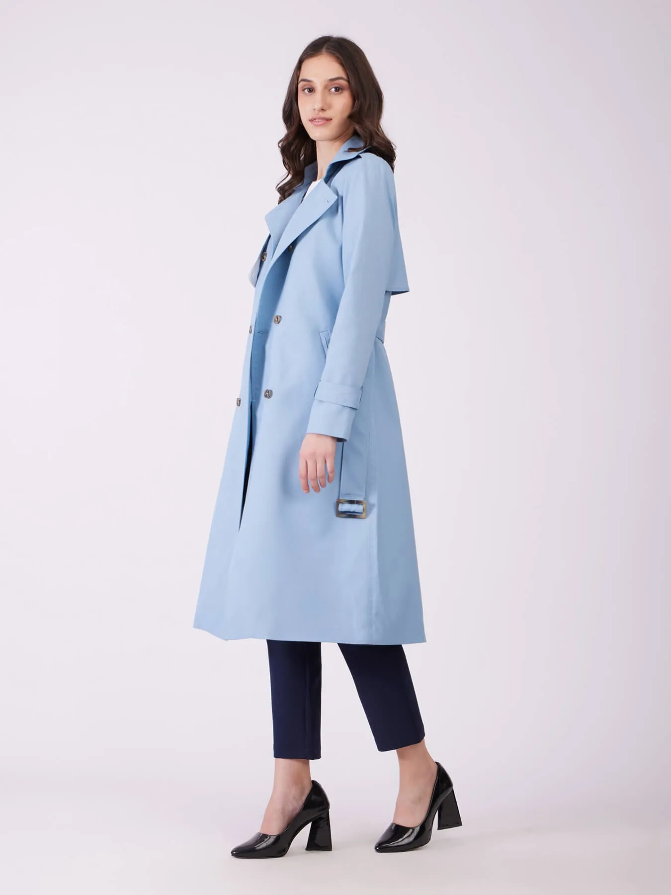 Double Breasted Belted Trench Coat - Sky Blue