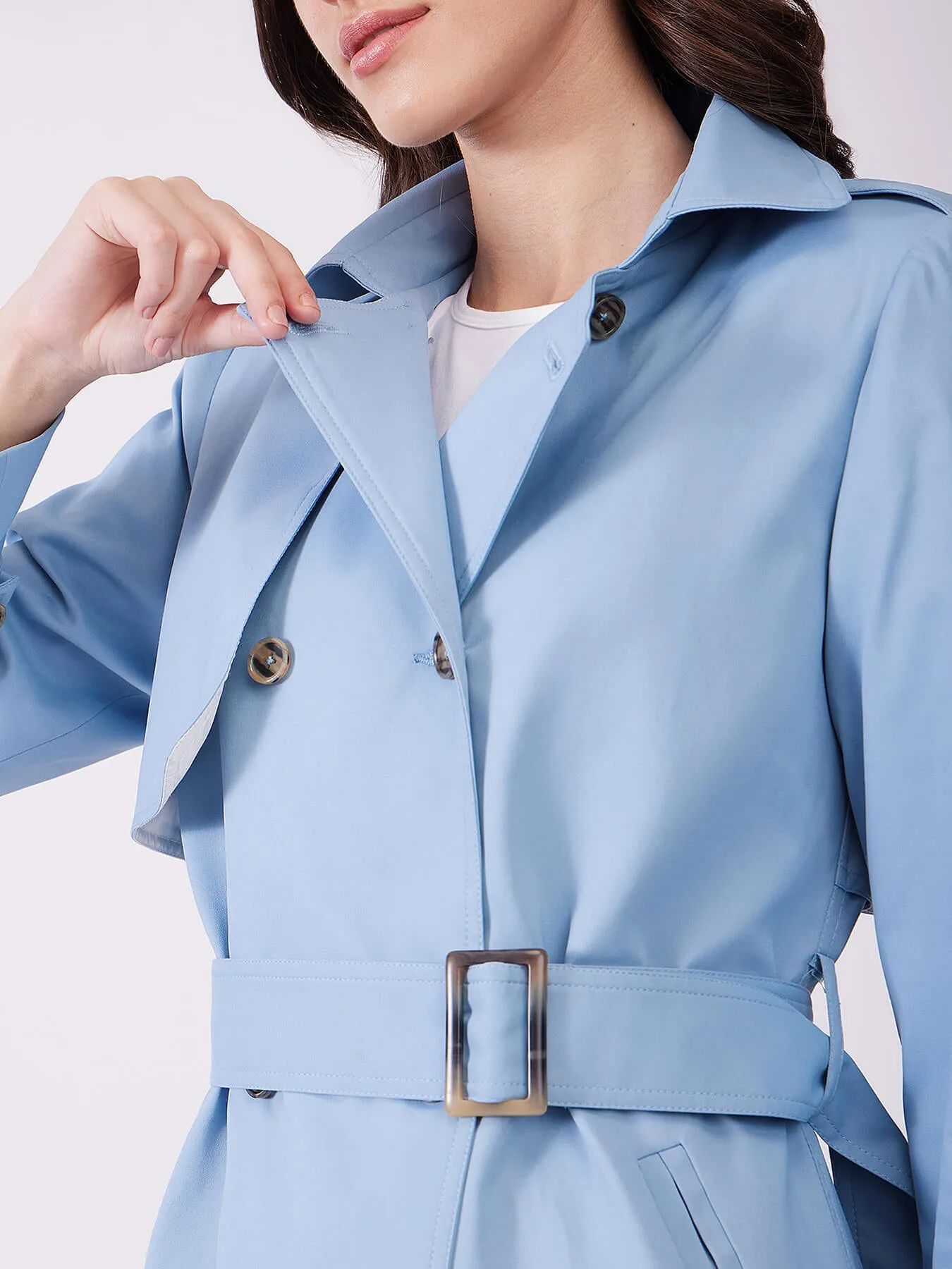 Double Breasted Belted Trench Coat - Sky Blue