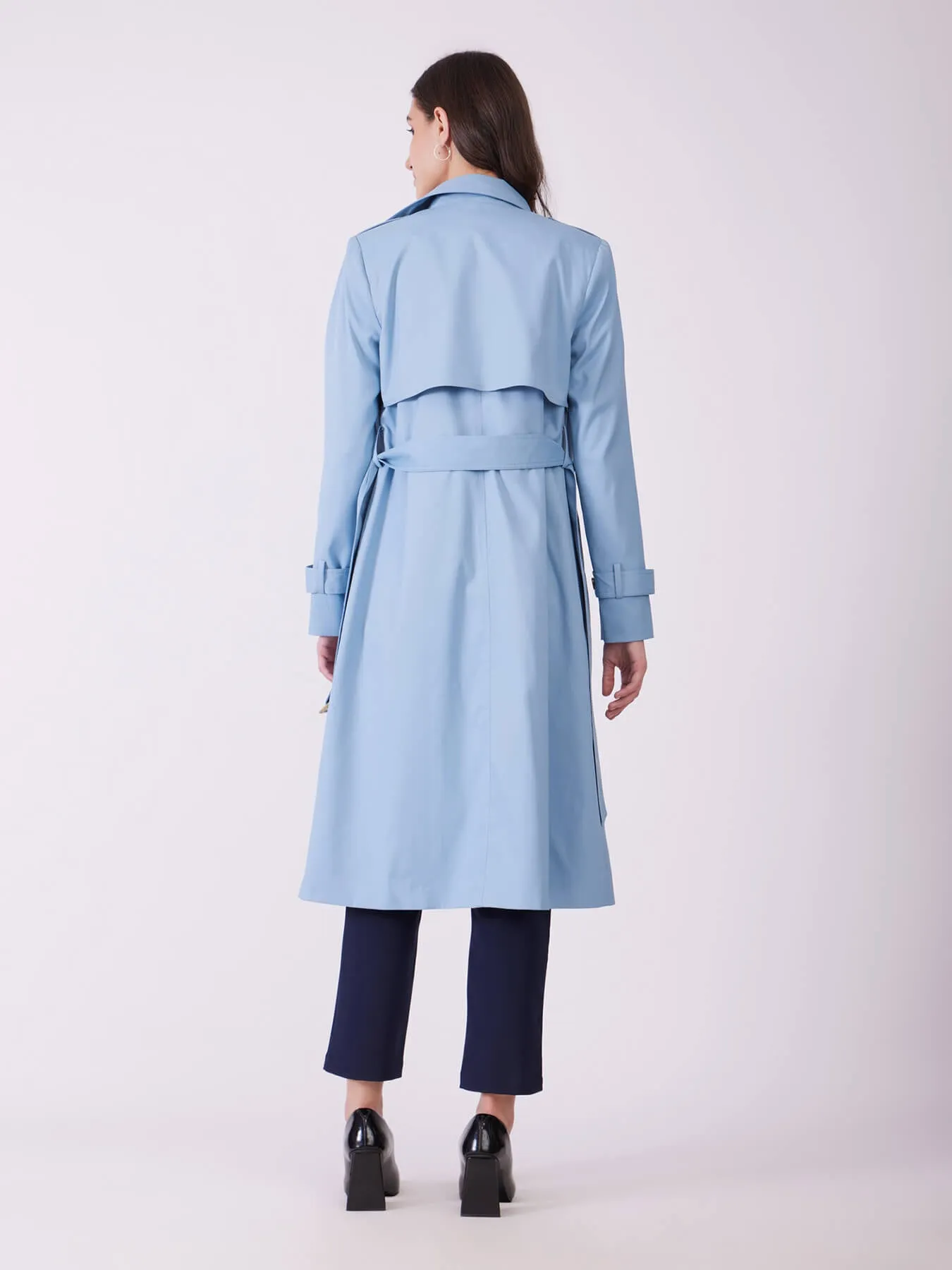 Double Breasted Belted Trench Coat - Sky Blue