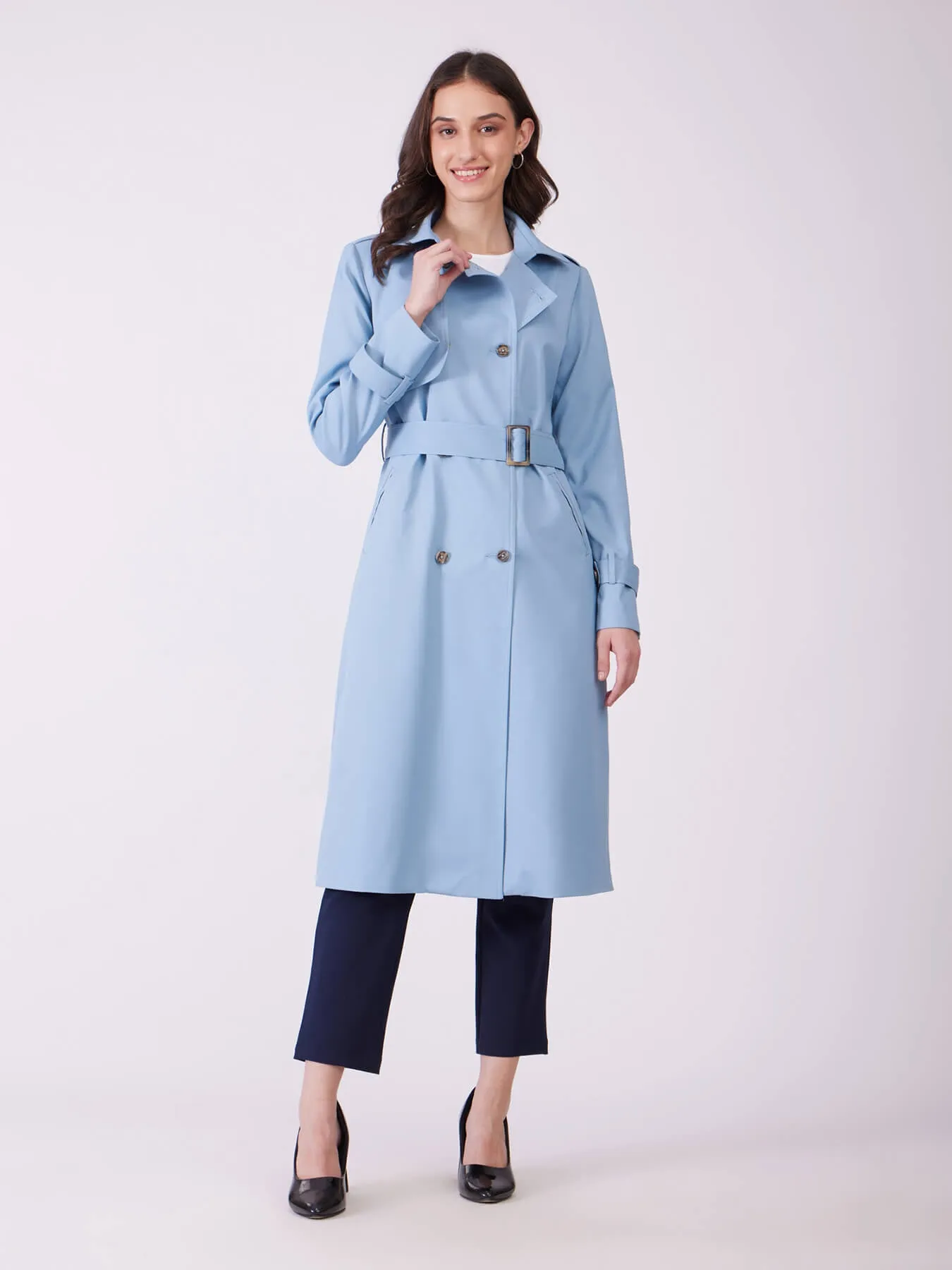 Double Breasted Belted Trench Coat - Sky Blue