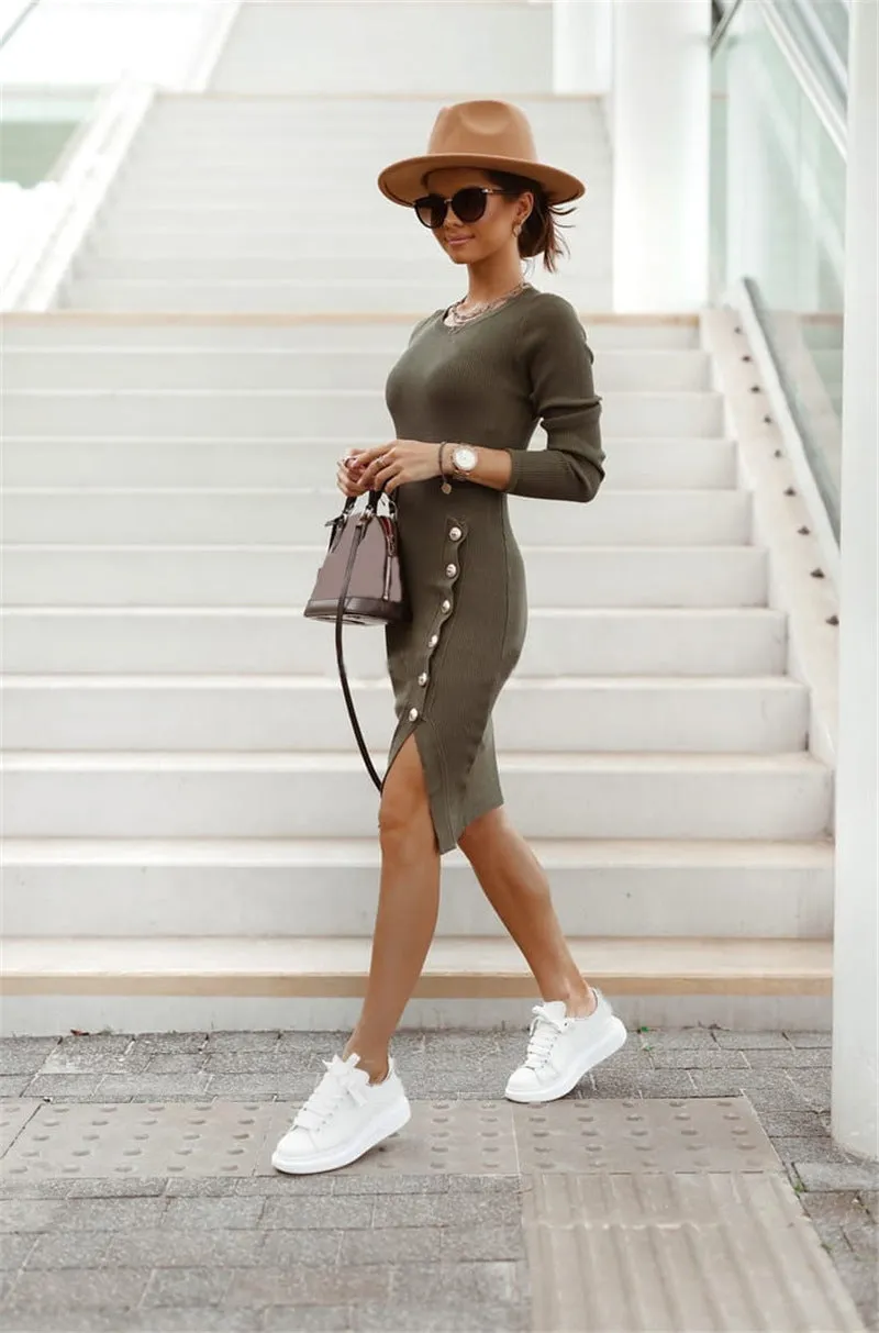 Elegant Split Button Round Neck Long Sleeve Knitted Dress