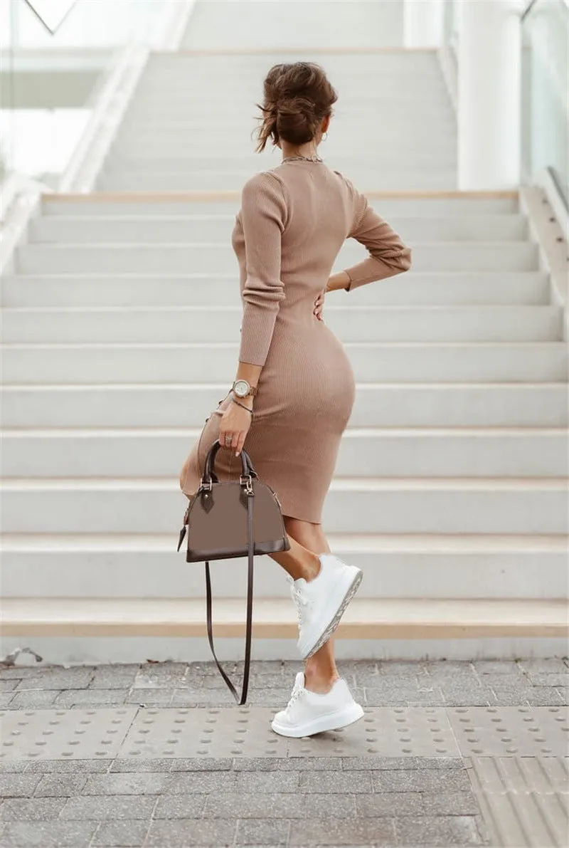 Elegant Split Button Round Neck Long Sleeve Knitted Dress