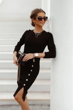 Elegant Split Button Round Neck Long Sleeve Knitted Dress