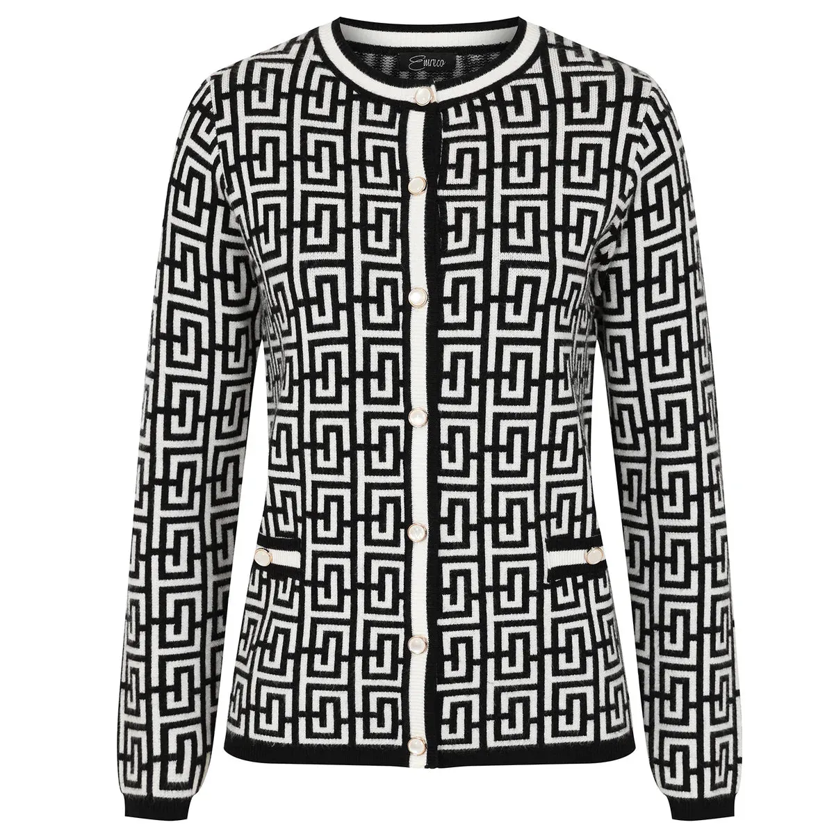 EMRECO  Black & White Retro Pattern Cardigan