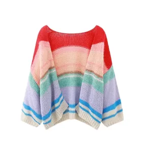 Fall Winter Women Cardigan Oversize Girls Sweet Knitted Rainbow Striped Coat Sweater Tops C-268