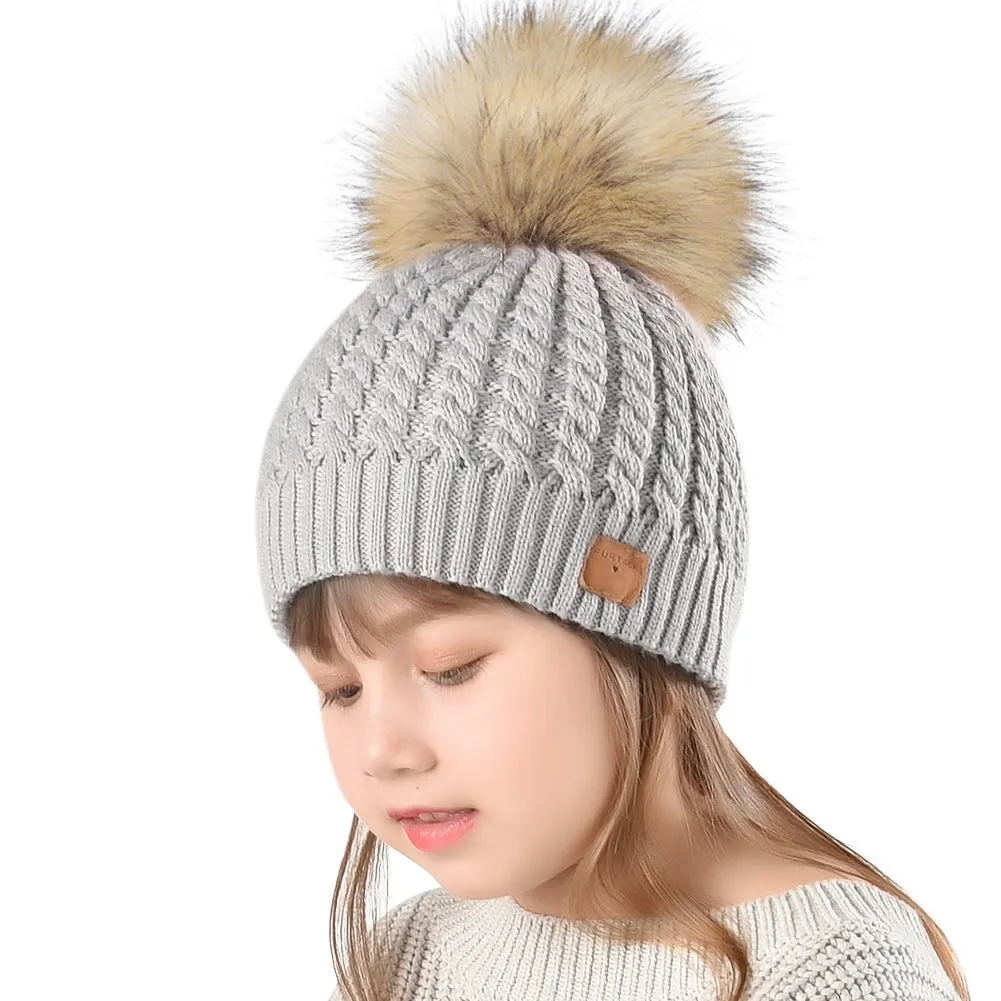 FURTALK Winter Kids Faux Fur Pom Pom Hat  Drop Shipping  CH014