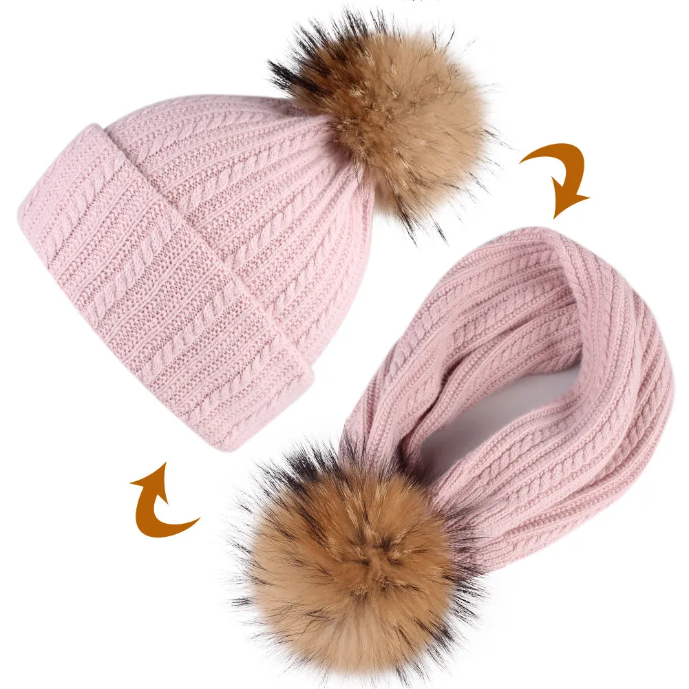 FURTALK Winter Women Real Fur Pom Pom  Hat and ScarfDrop Shipping AD003