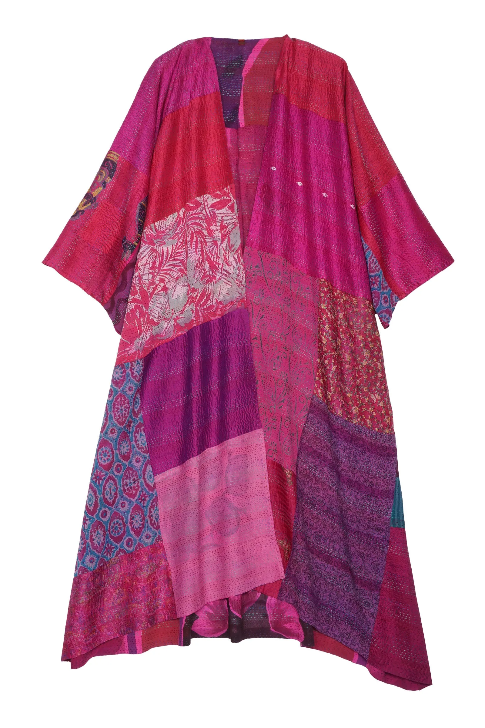 GEORGETTE VINTAGE SILK PATCH KANTHA KIMONO MAXI - gs2318-pik -