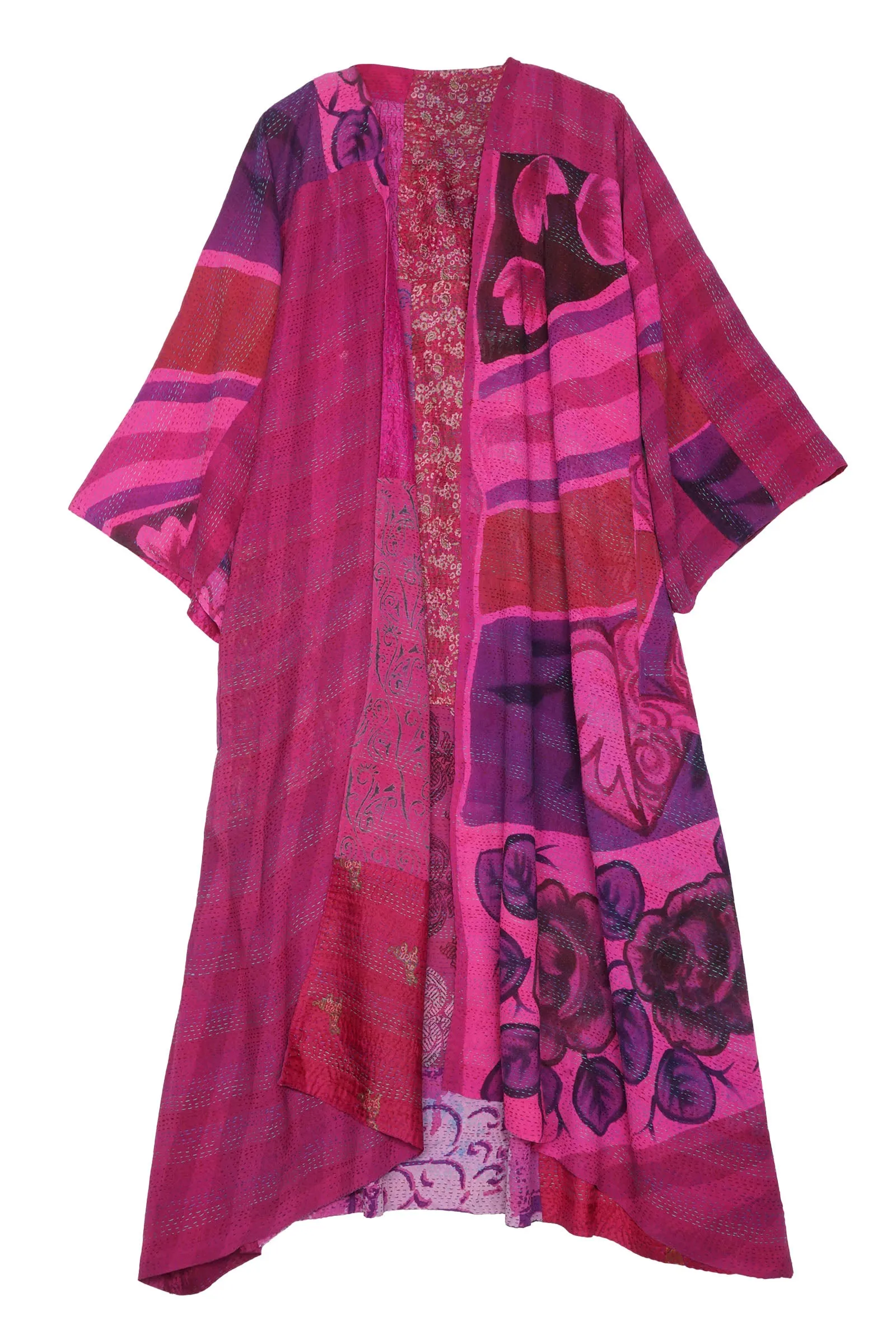 GEORGETTE VINTAGE SILK PATCH KANTHA KIMONO MAXI - gs2318-pik -