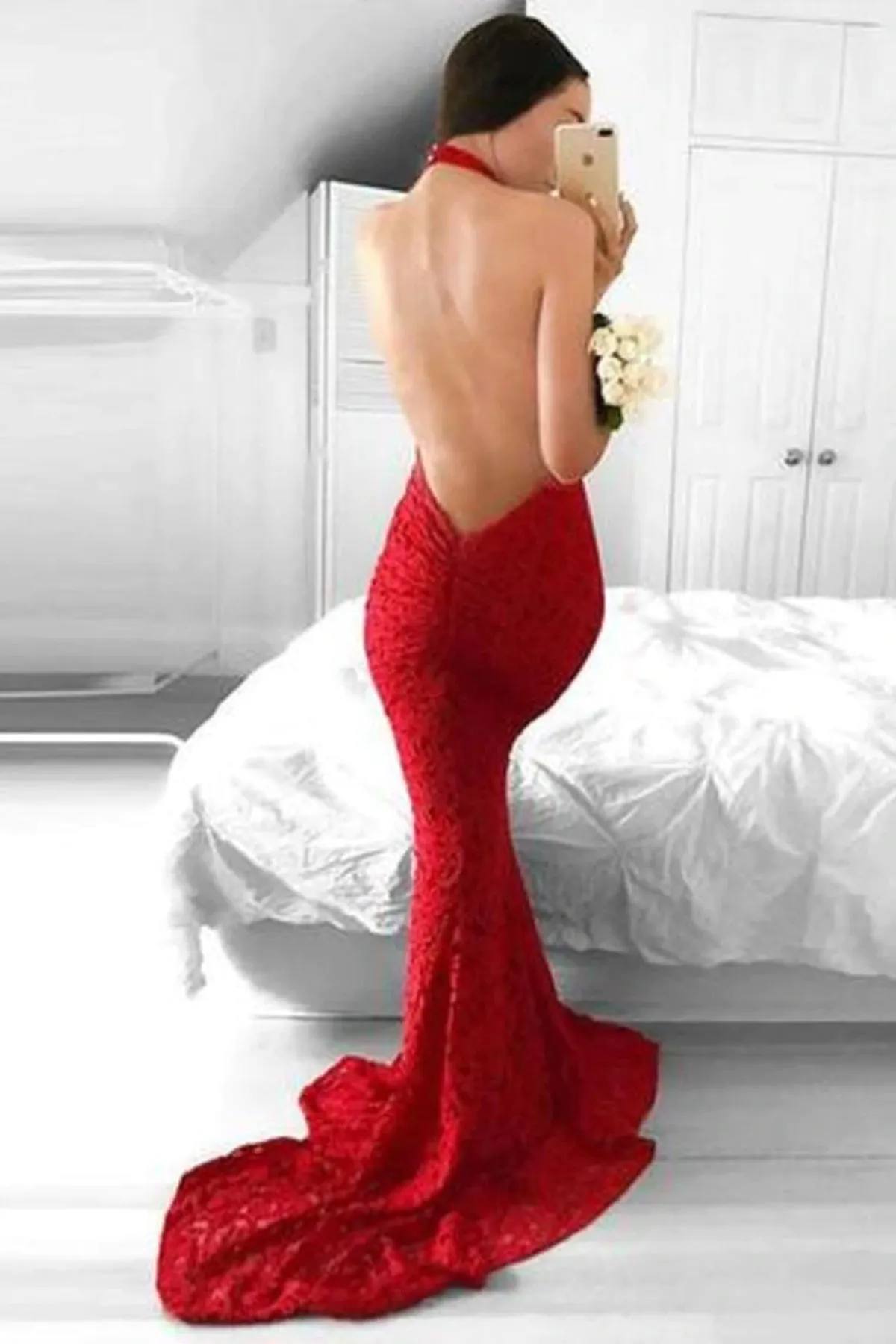 Halter Neck Backless Mermaid Red Lace Long Prom Dresses, Mermaid Red Formal Dresses, Red Lace Evening Dresses