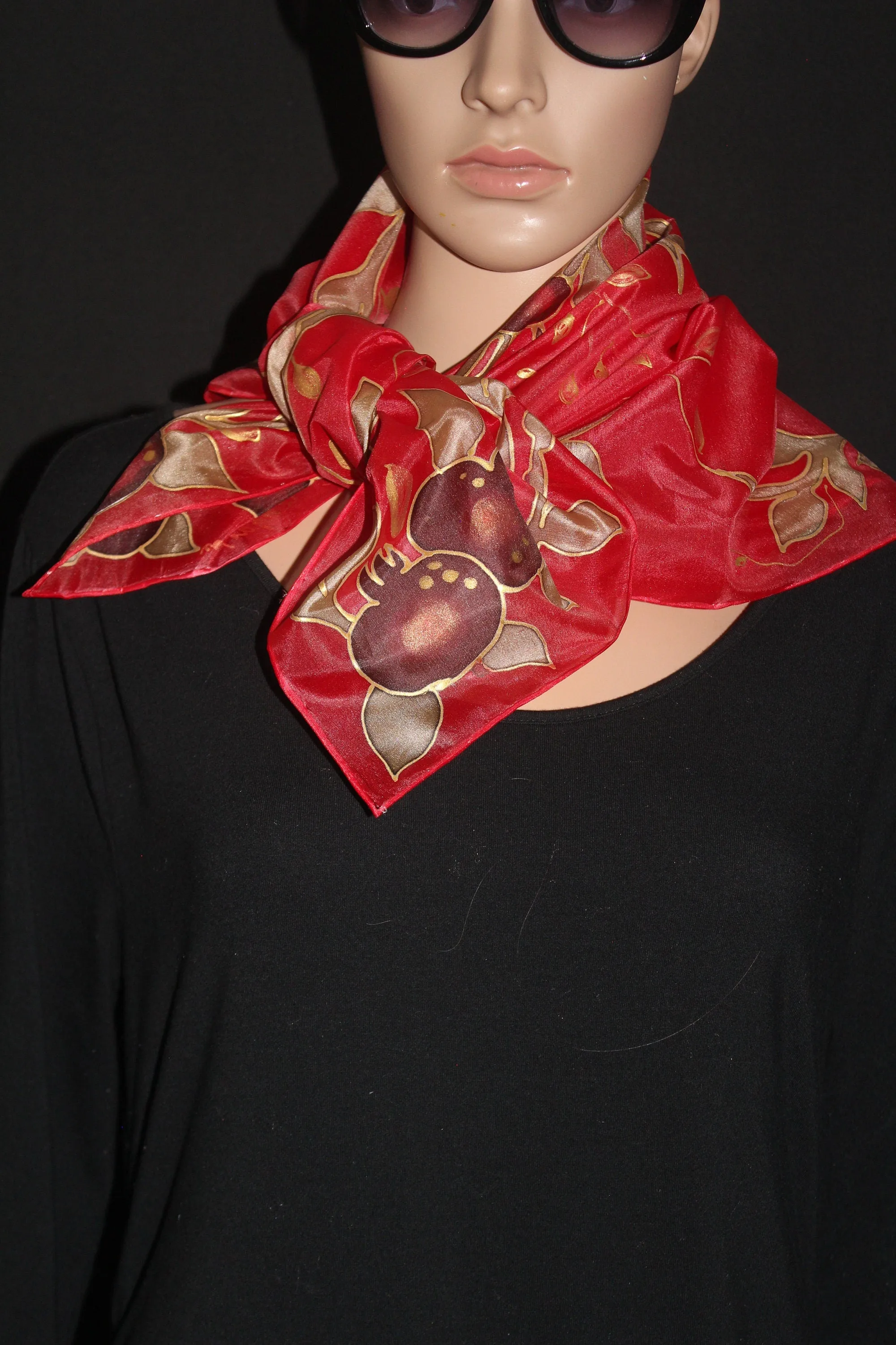 Hand painted  silk scarf,Pomegranates red silk scarf,Red green silk chiffon scarf,Armenian scarf,Armenian gift,Jewish gift for mother