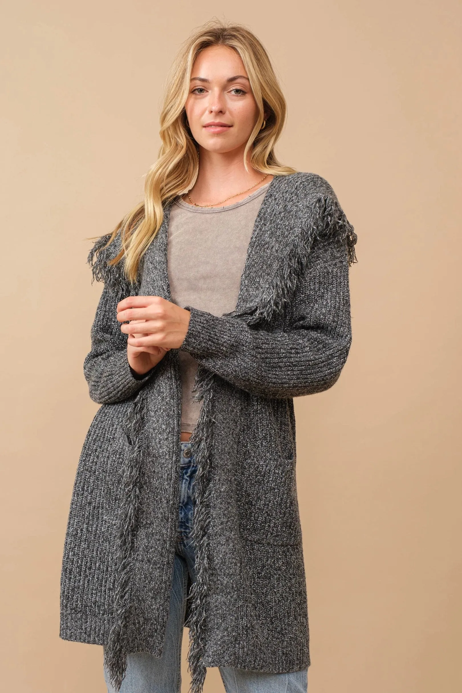 Hooded fringe knit open cardigan