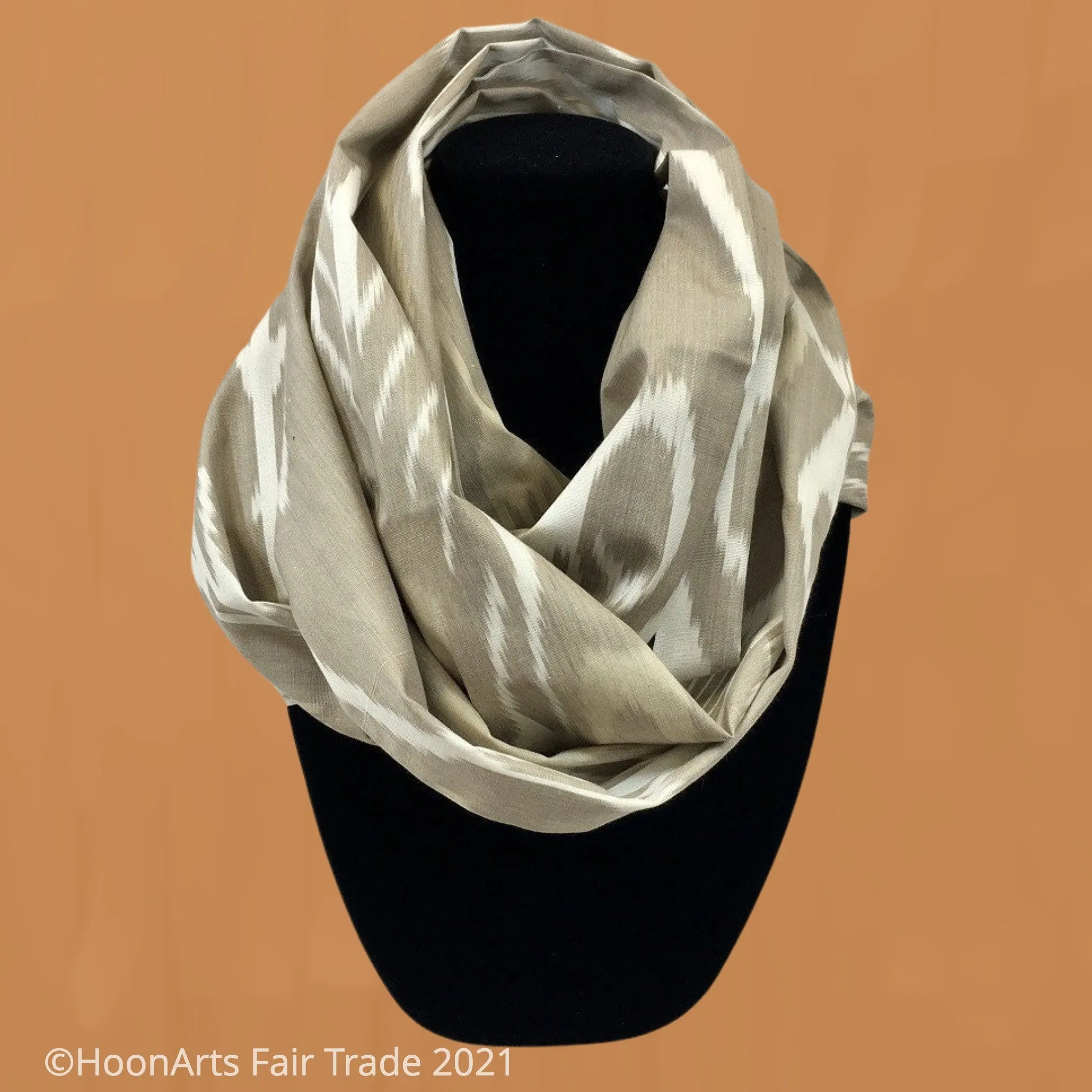 Ikat Silk Infinity Scarf-Beige on White