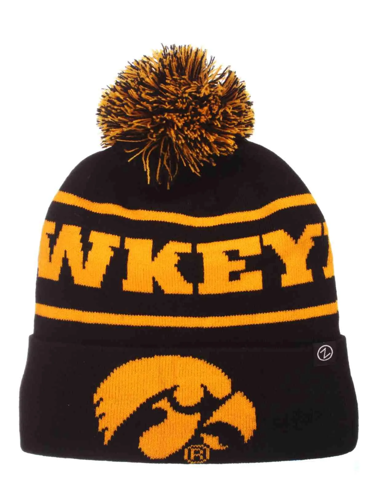 Iowa Hawkeyes Zephyr Bandit Knit Cuffed Black Gold Poof Ball Beanie Cap Hat