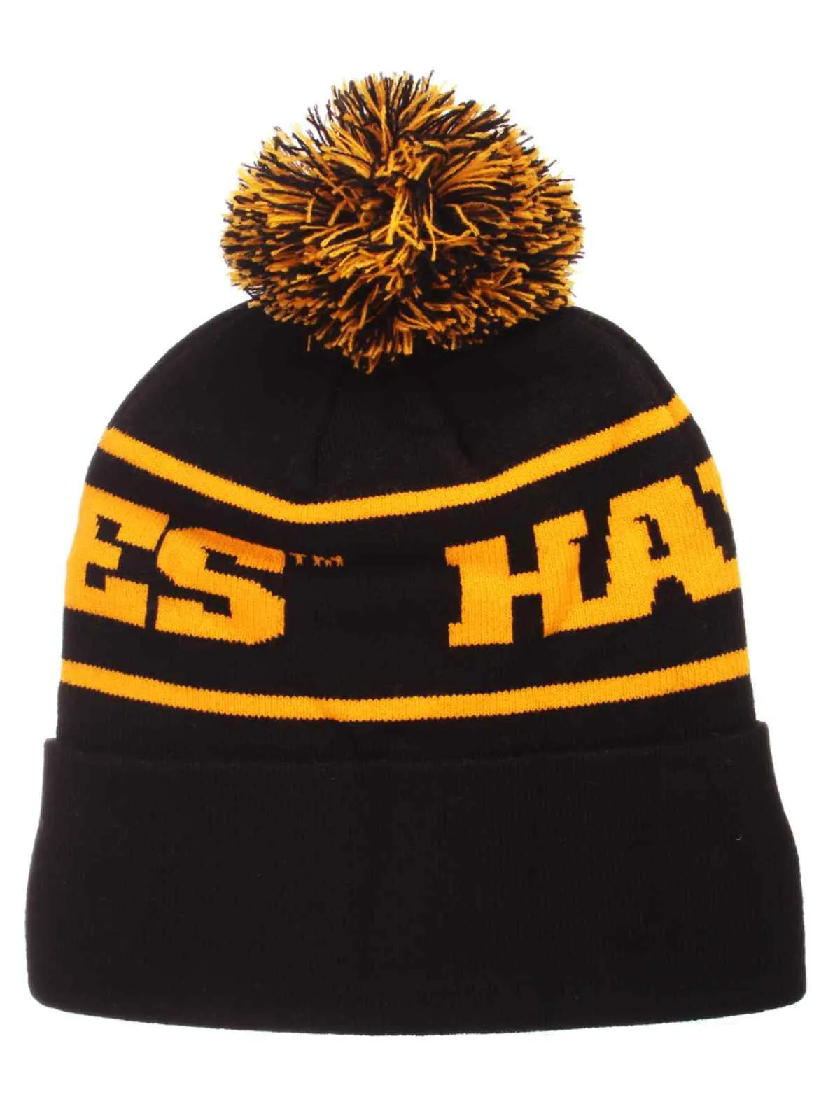 Iowa Hawkeyes Zephyr Bandit Knit Cuffed Black Gold Poof Ball Beanie Cap Hat