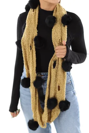 Knit Infinity Scarf w/ Rabbit Fur Pom Poms - Yellow