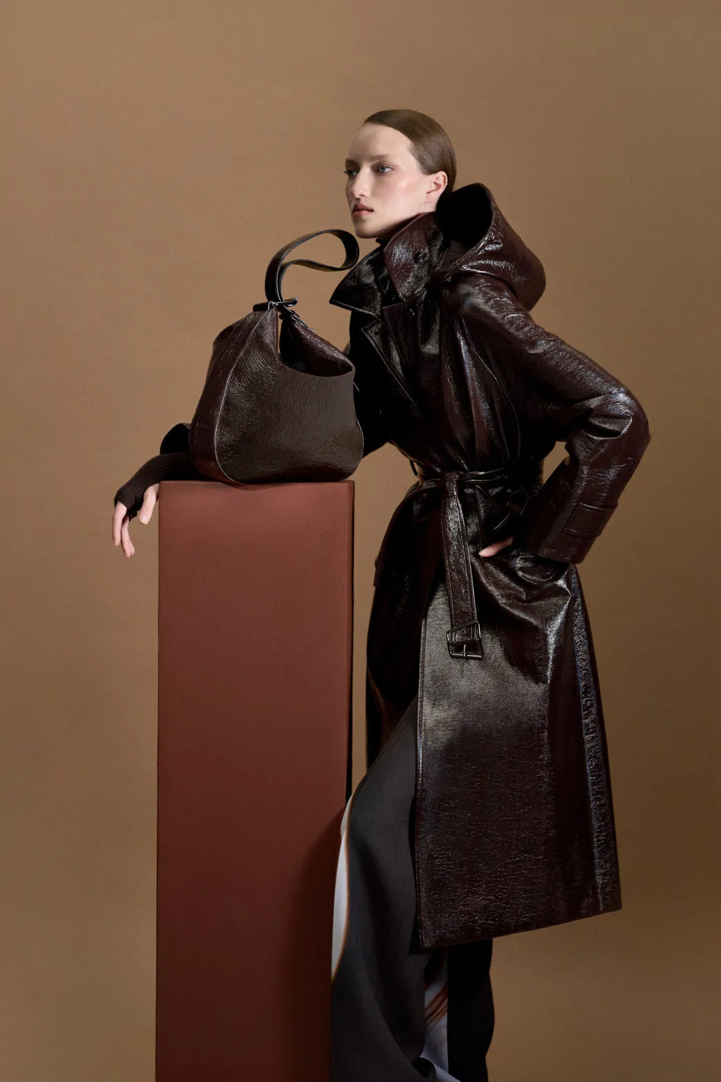 Lacquer Cotton Trench Coat with Detachable Hood