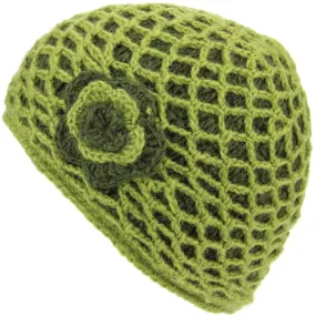 Ladies Wool Knit Crochet Lattice Beanie Hat with Flower - Green