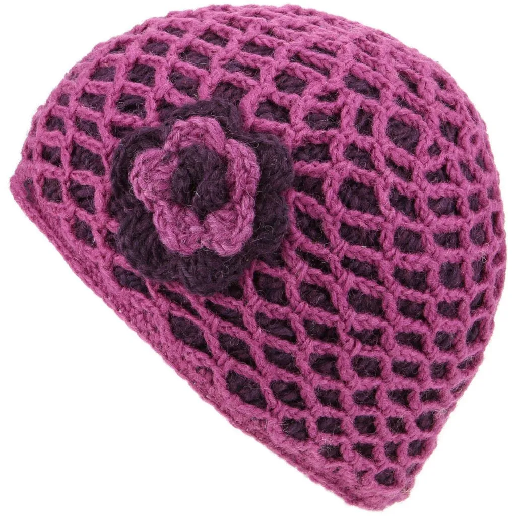 Ladies Wool Knit Crochet Lattice Beanie Hat with Flower - Pink