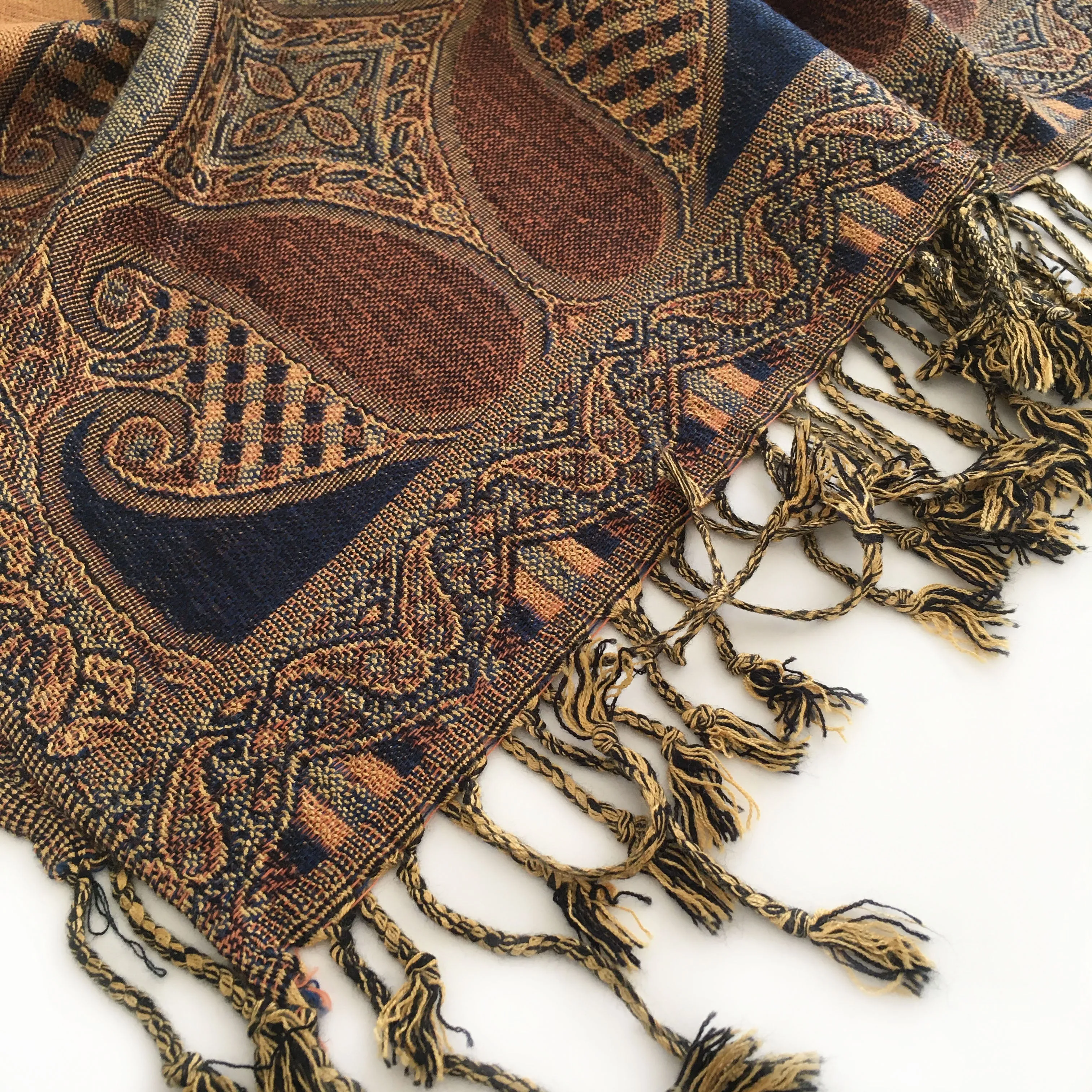 LARGE BROWN GINGHAM PAISLEY PRINT REVERSIBLE PASHMINA SHAWL SCARF