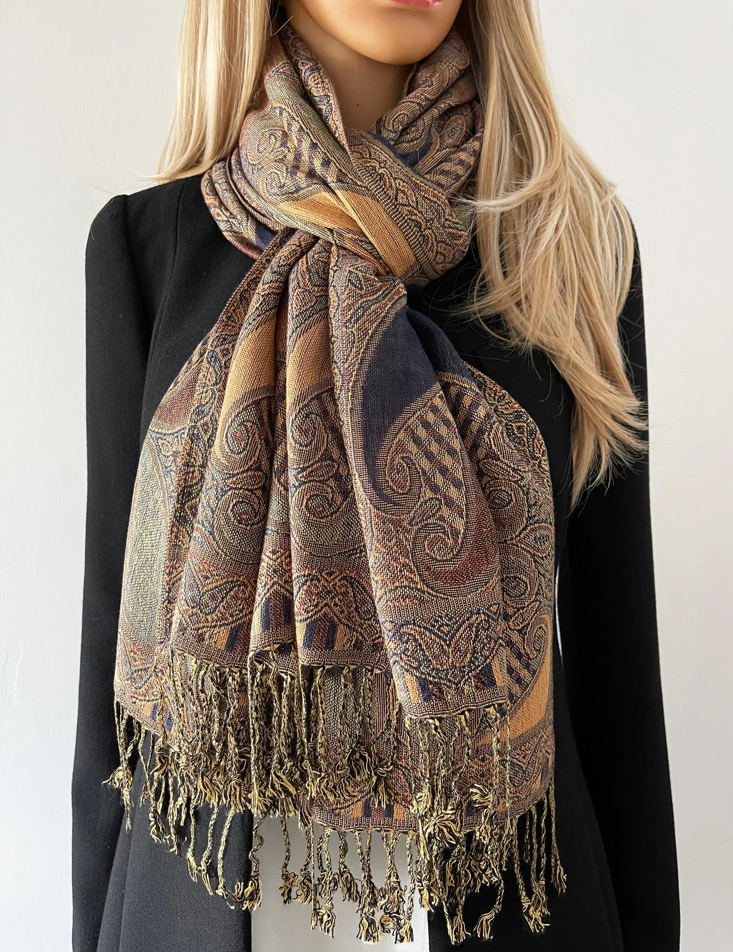 LARGE BROWN GINGHAM PAISLEY PRINT REVERSIBLE PASHMINA SHAWL SCARF