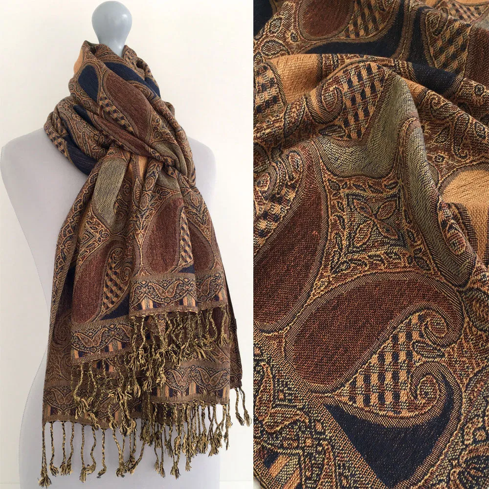 LARGE BROWN GINGHAM PAISLEY PRINT REVERSIBLE PASHMINA SHAWL SCARF