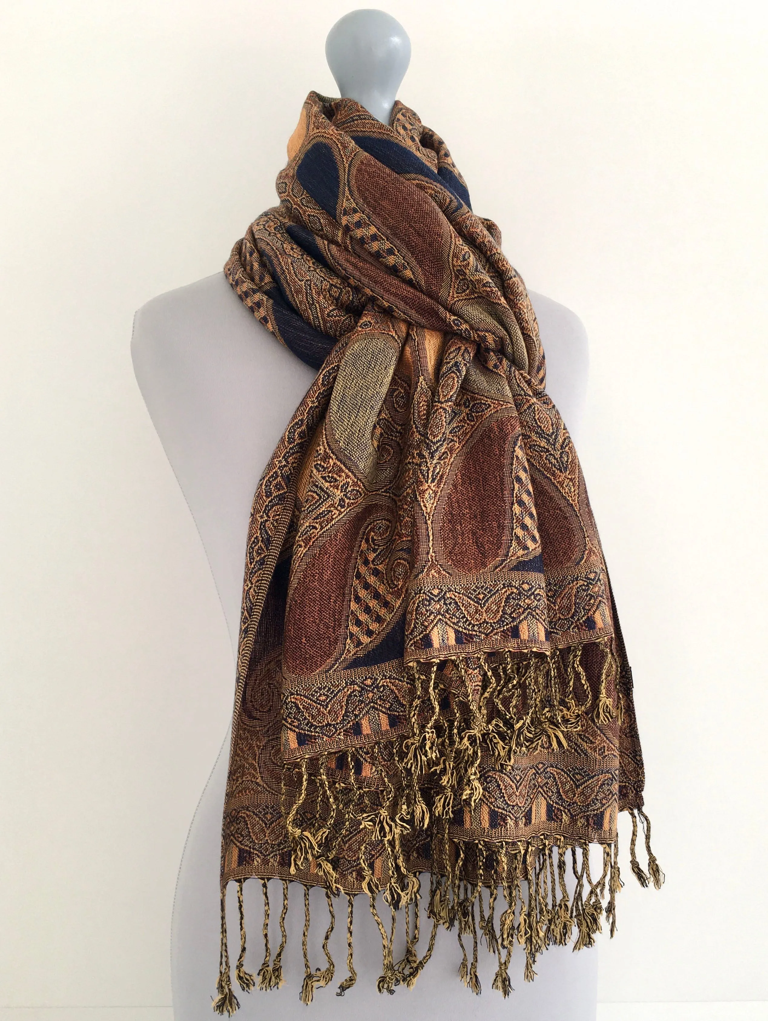 LARGE BROWN GINGHAM PAISLEY PRINT REVERSIBLE PASHMINA SHAWL SCARF