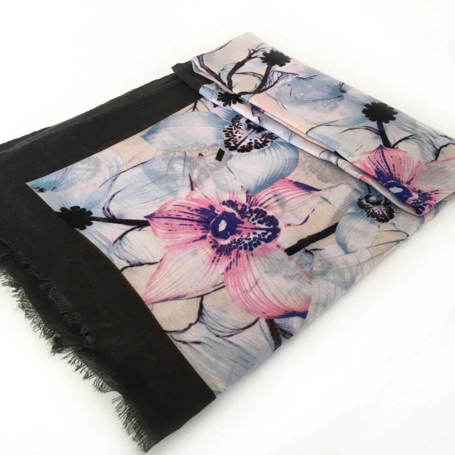 LARGE DARK BROWN BORDER FLORAL PRINT SCARF