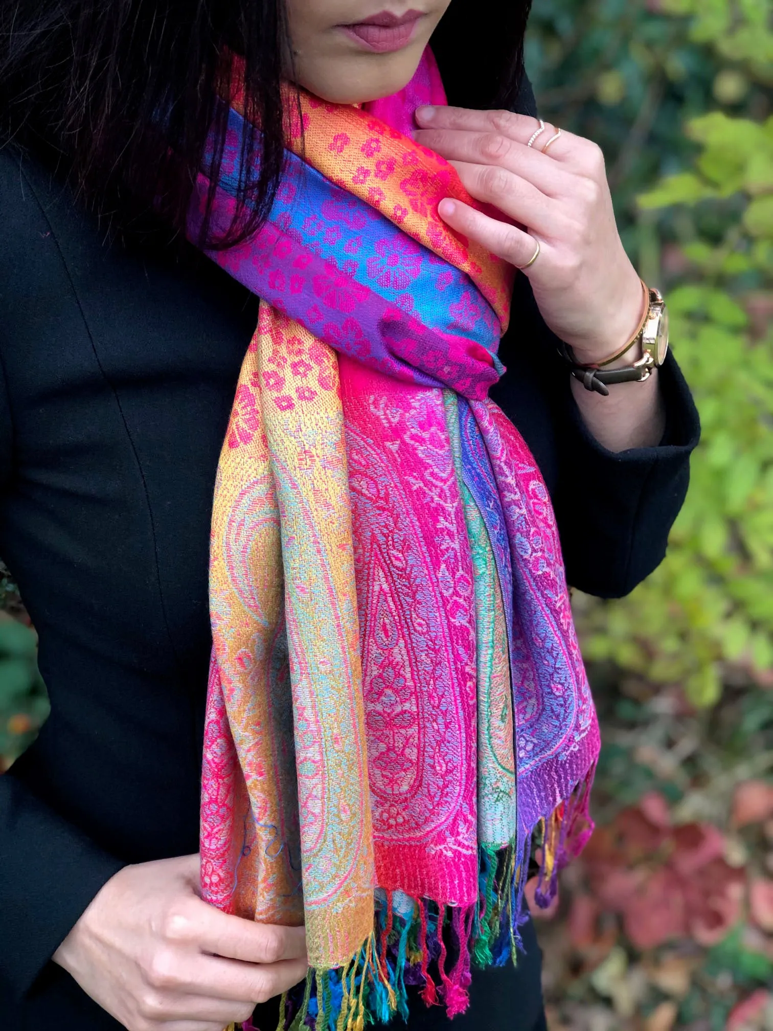 LARGE FUSCHIA PINK RAINBOW FLORAL PAISLEY PASHMINA SHAWL SCARF