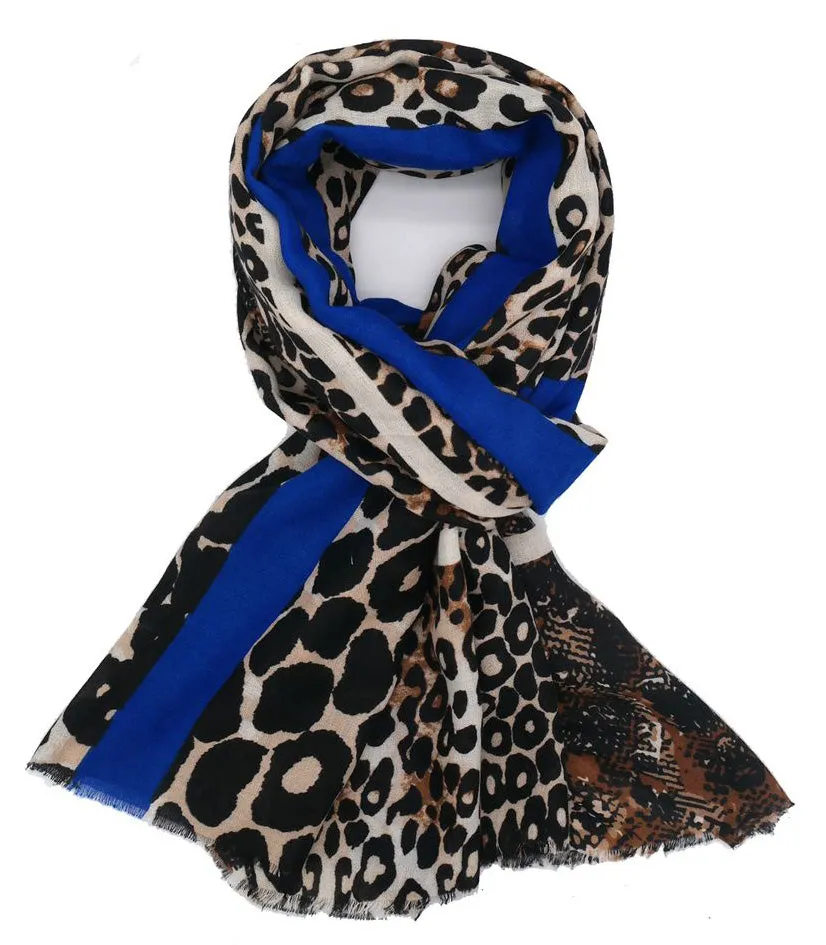 LARGE ROYAL BLUE SNAKESKIN AND LEOPARD PRINT SCARF