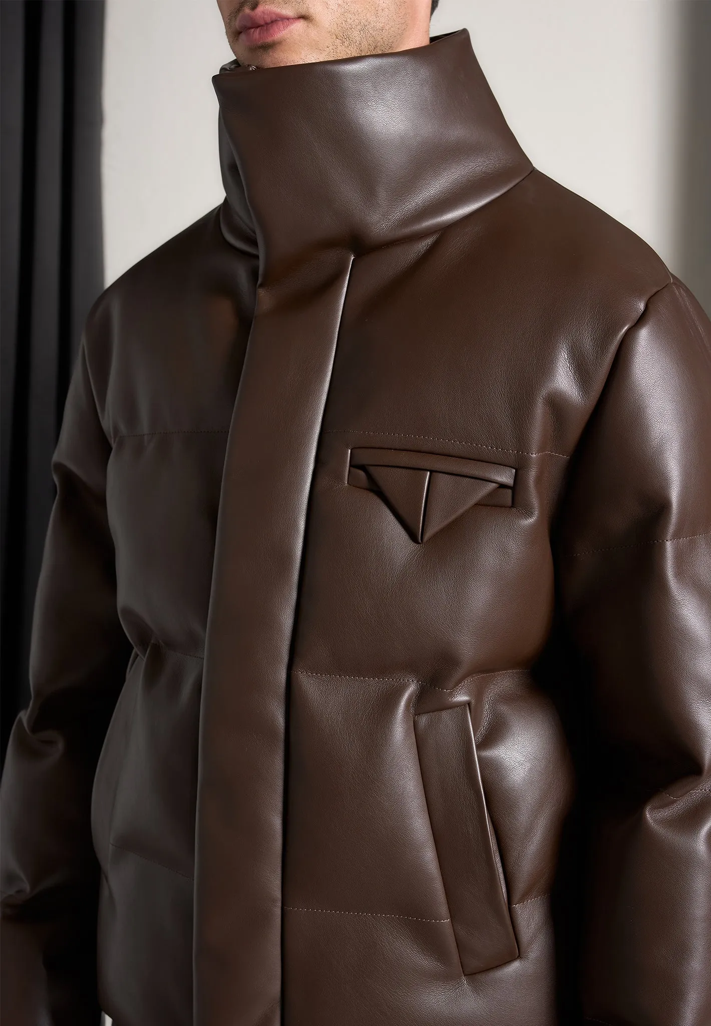 Leather Puffer Jacket - Brown