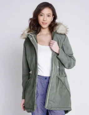 Light Olive Casual Parka with Faux Fur Hood