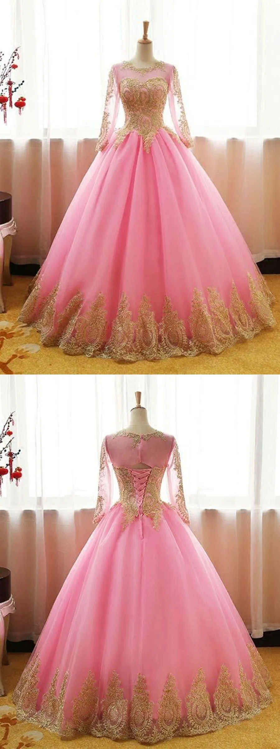 Long Sleeves Gold Appliques Long Lace-up Pink Black Ball Gown Prom, Formal, Evening